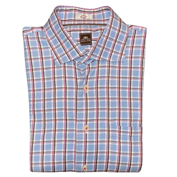 Peter Millar Crown Comfort Dress Shirt Pink Blue Brown Plaid - Picture 6 of 10